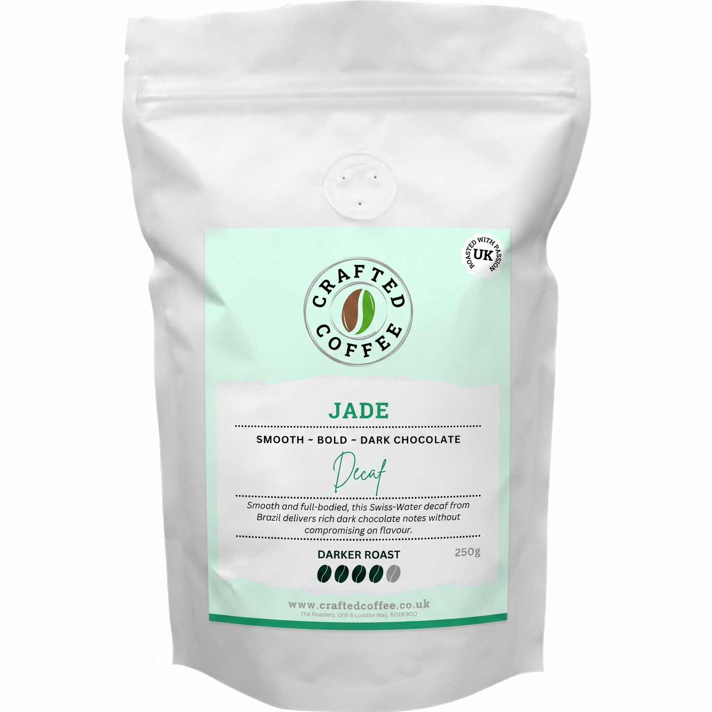 Coffee package labeled 'Jade' by Crafted Coffee on a white background