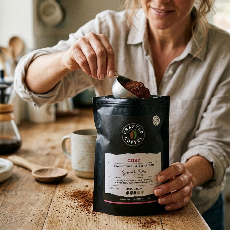 Woman scooping coffee from a 'Crafted Coffee' bag on a wooden table.