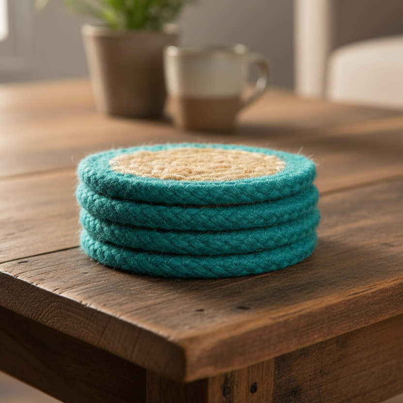 Natural Coaster - Jute & Cotton (set of 4) - Teal Border