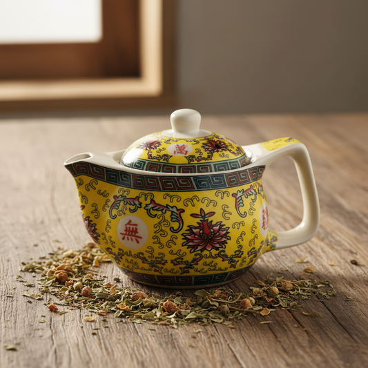 A yellow ceramic teapot with intricate multicolor floral and geometric patterns, placed on a rustic wooden surface with scattered loose tea leaves in front of it.