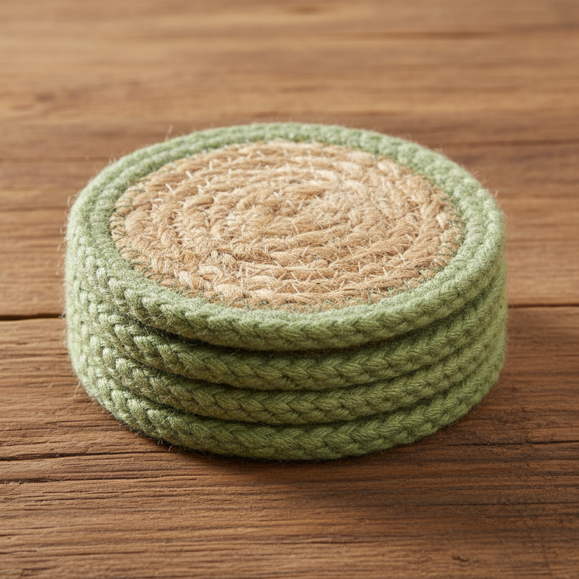 Natural Drink Coasters - Jute & Cotton 10cm  (set of 4) - Olive Border