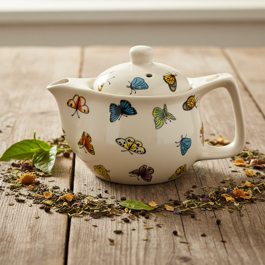 A white ceramic teapot decorated with colorful butterfly illustrations, placed on a rustic wooden surface with loose dried herbs and green leaves scattered around it.