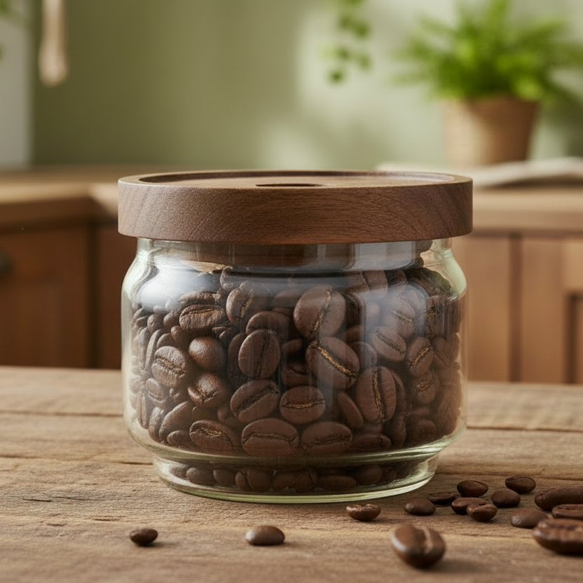 Glass jar filled with coffee beans on a wooden table