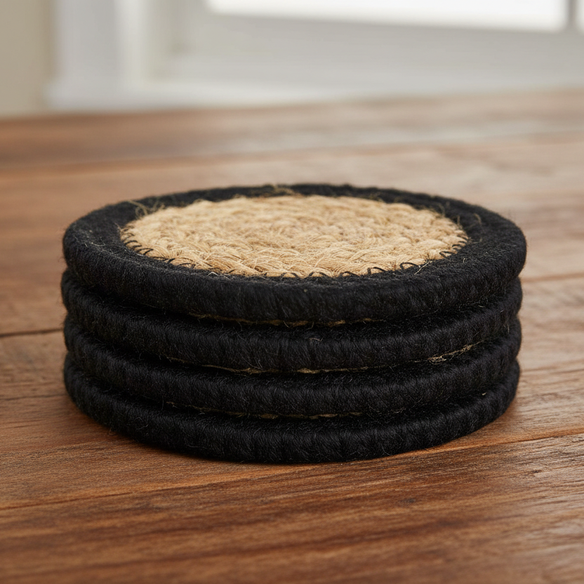 Stack of black coasters with natural Jute & Cotton center on a wooden surface