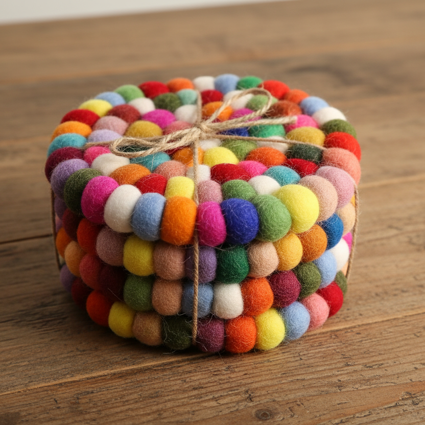 Felt Ball Round Drink Coasters - Multi colour (set of 4)