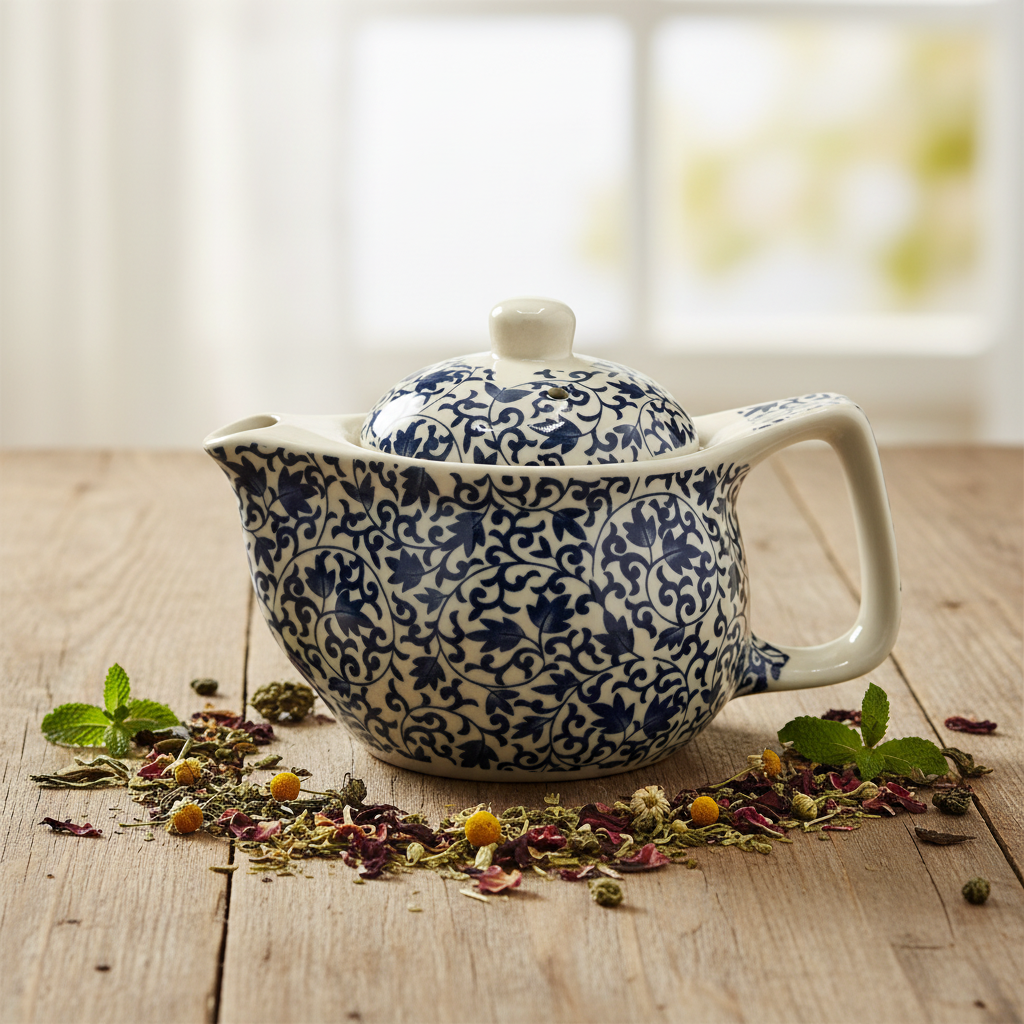 A ceramic teapot with a blue and white floral scroll pattern sits on a wooden tabletop, surrounded by scattered loose-leaf tea and mint leaves. The background is a softly blurred bright interior with a window.