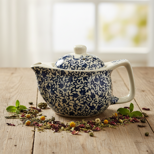 A ceramic teapot with a blue and white floral scroll pattern sits on a wooden tabletop, surrounded by scattered loose-leaf tea and mint leaves. The background is a softly blurred bright interior with a window.