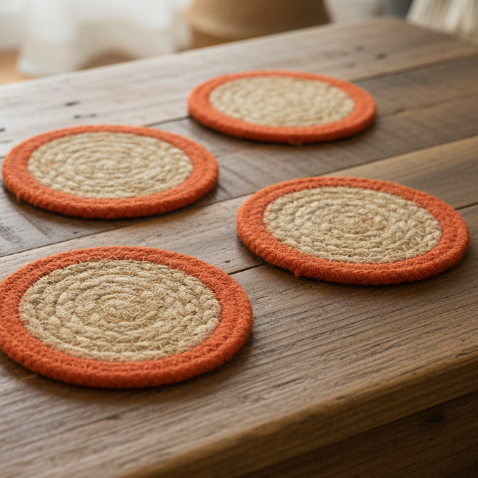 Four round woven coasters with orange and beige pattern on a wooden surface.