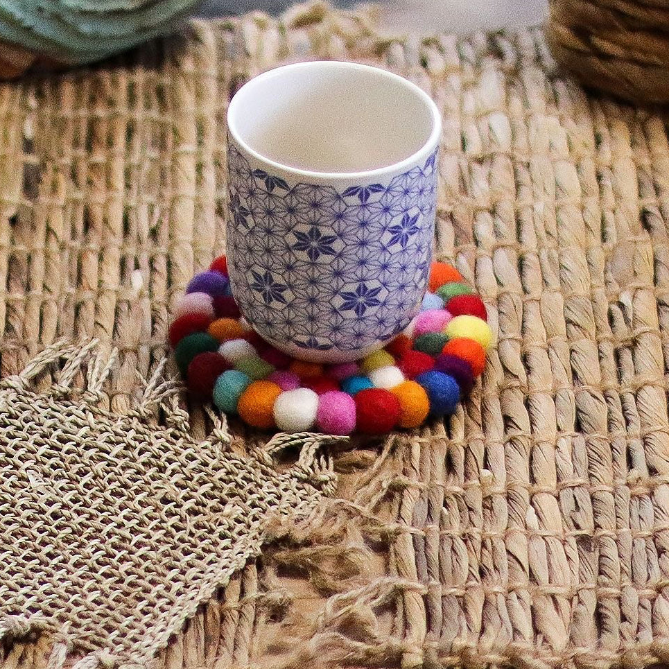 Felt Ball Round Drink Coasters - Multi colour (set of 4)