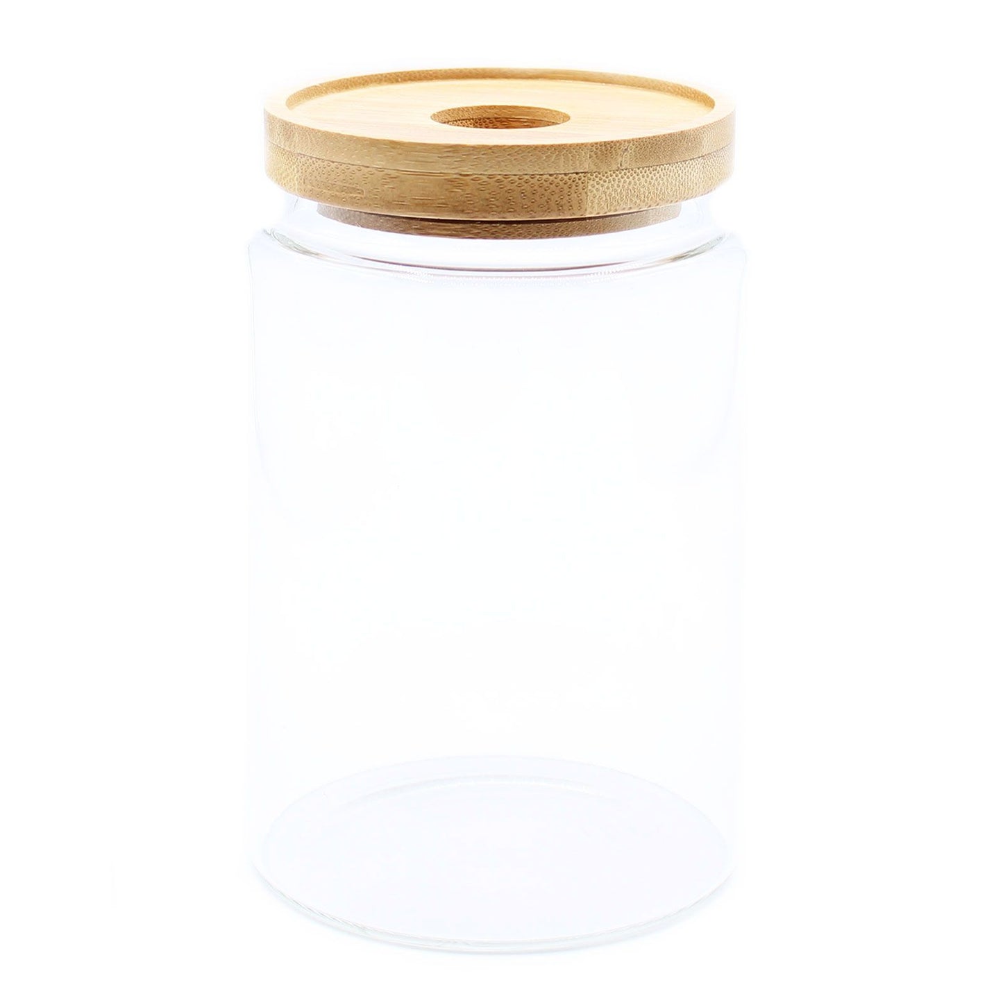 Clear glass jar with a wooden lid on a white background