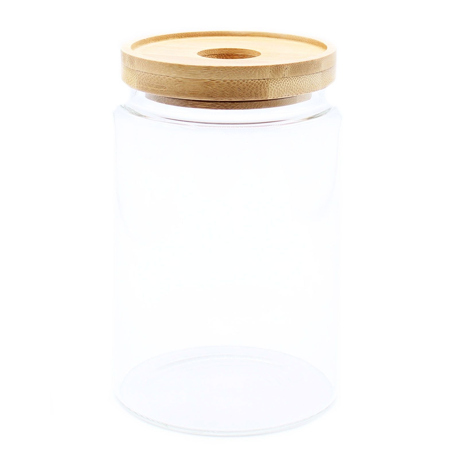 Clear glass jar with a wooden lid on a white background