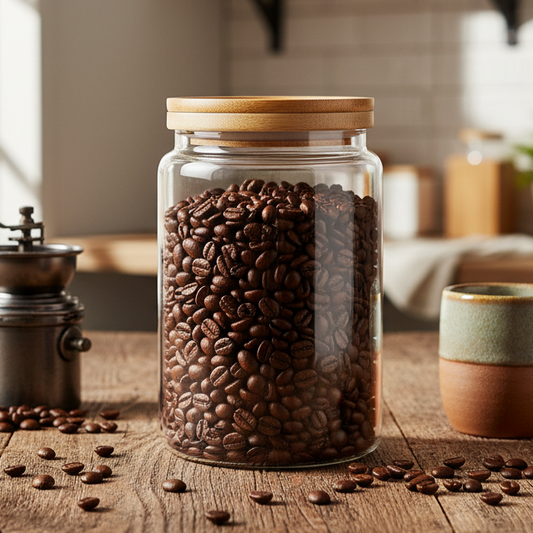 Glass jar of coffee beans on a wooden table with a coffee grinder and cup.