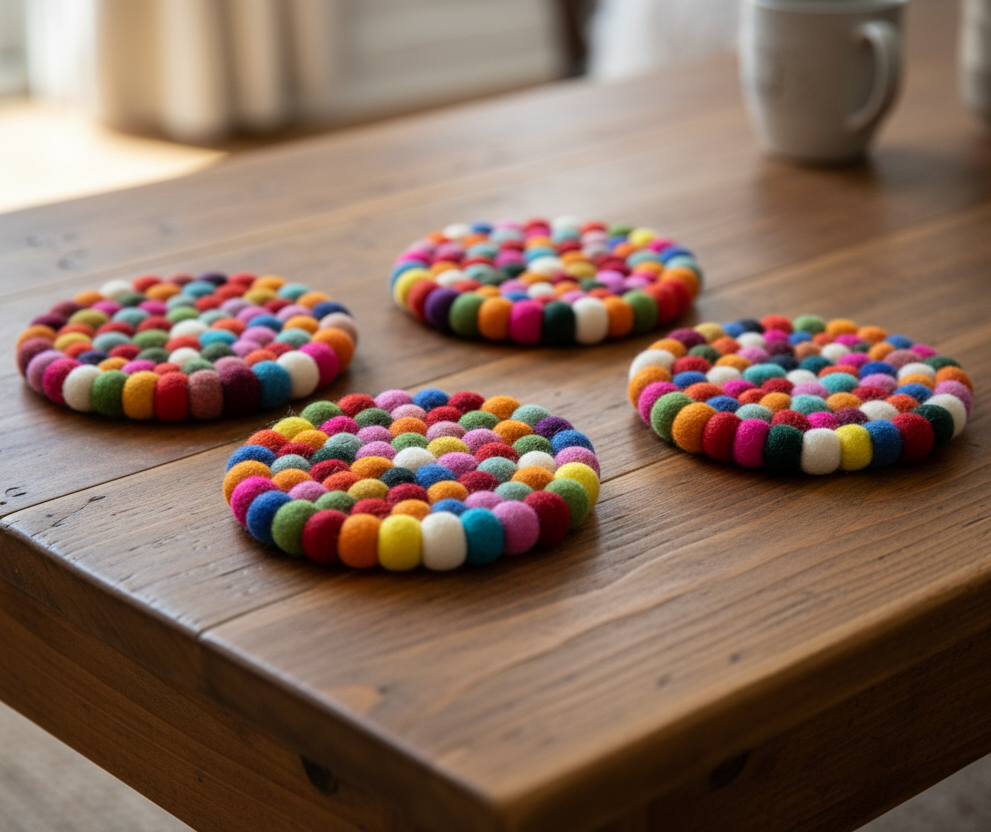 Felt Ball Round Drink Coasters - Multi colour (set of 4)