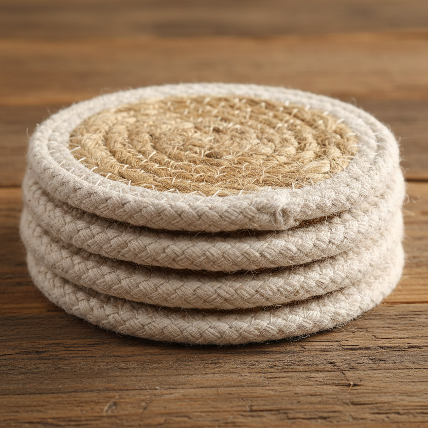 Natural Drink Coaster - Jute & Cotton (set of 4) - Ivory Border