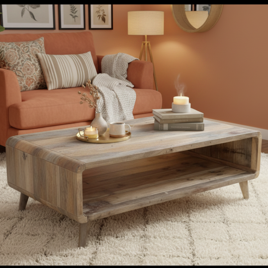 Living room with an orange sofa, wooden coffee table, and decorative items.