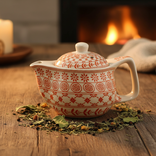 A small white ceramic teapot with a red floral and geometric pattern, set on a rustic wooden table with scattered loose-leaf tea in front of a warm, blurred fireplace background.