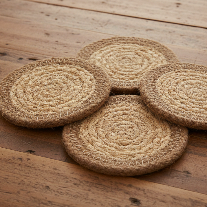 Natural Drink Coasters - Jute & Cotton (set of 4) - Natural Border