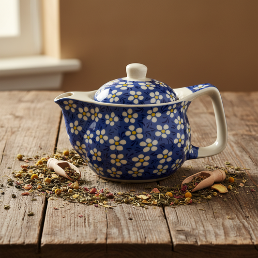 A blue ceramic teapot with a white handle and lid, decorated with a repeating white daisy pattern, resting on a rustic wooden table with loose dried tea leaves and small wooden spoons.