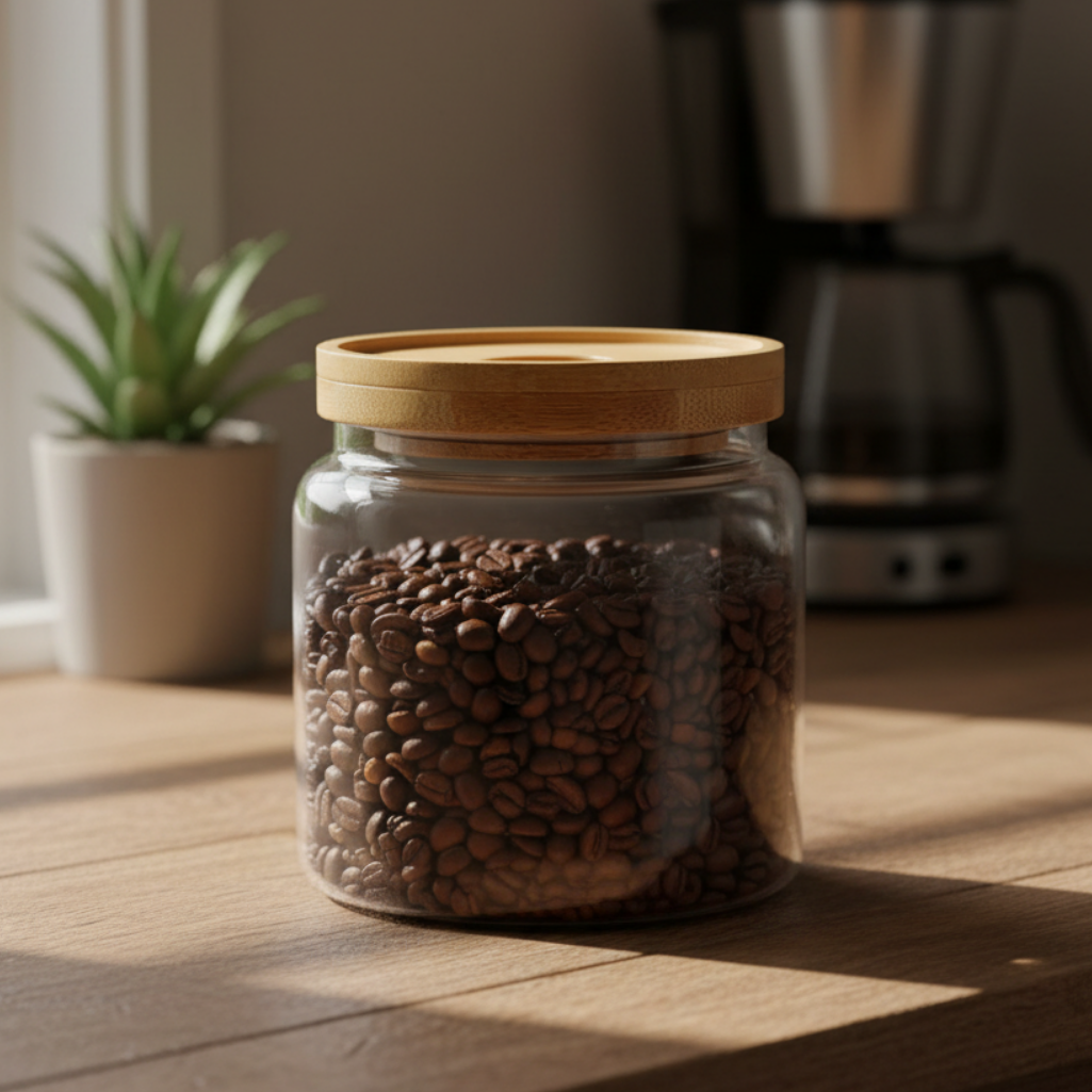 Glass jar with wooden lid filled with coffee beans on a wooden surface.