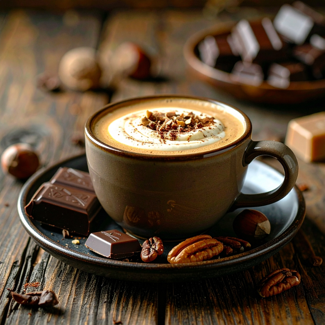 Cup of speciality coffee on a wooden table with chocolate pieces and pecans.