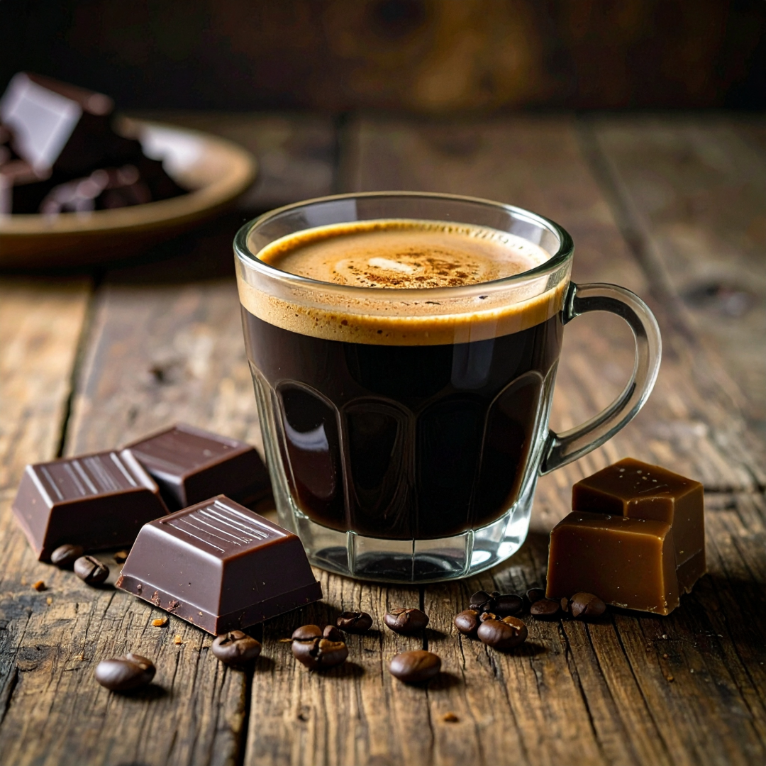 Glass of dark coffee with chocolate, caramel and coffee beans on a wooden surface