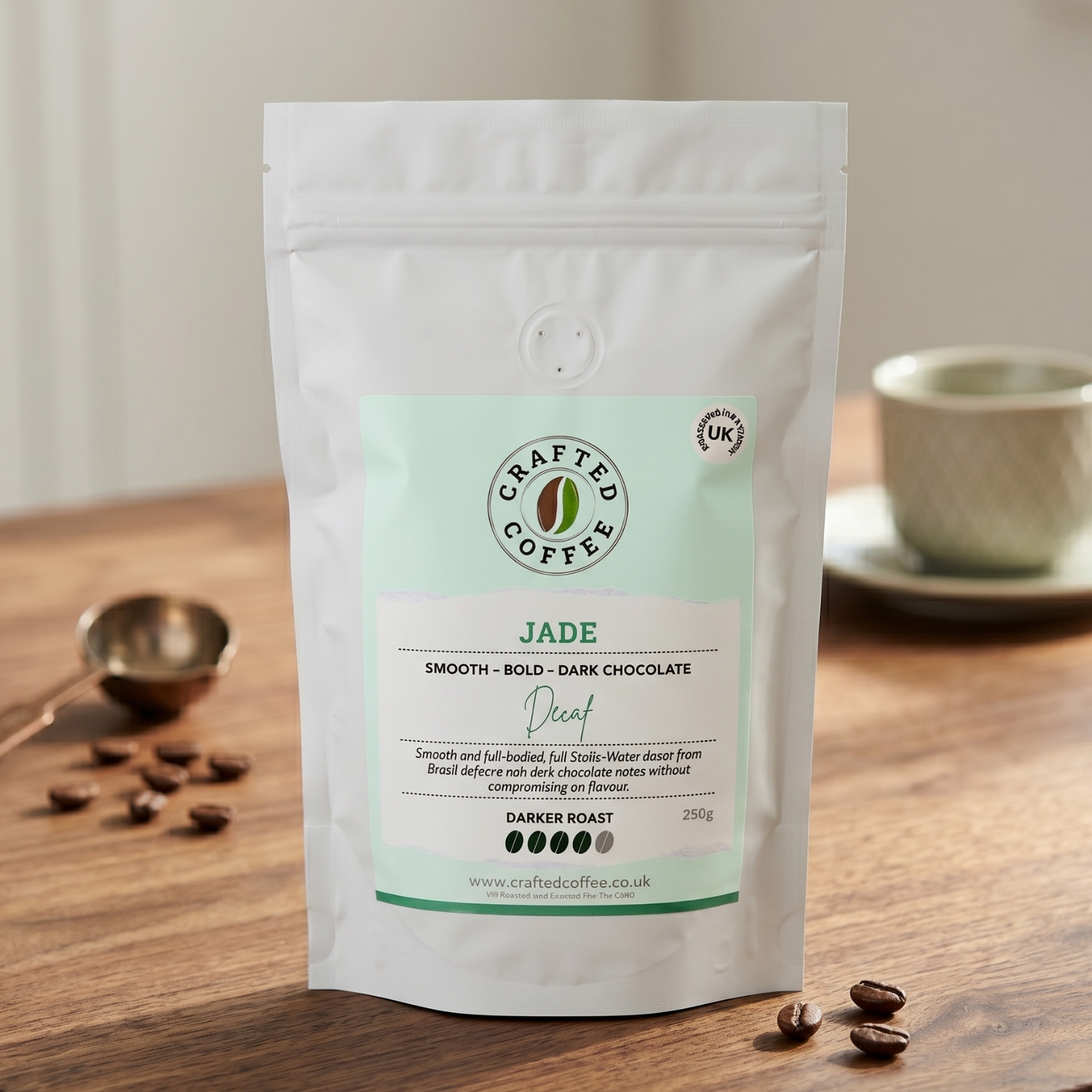 Crafted Coffee Company Jade coffee package on a wooden table with coffee beans and a cup in the background.