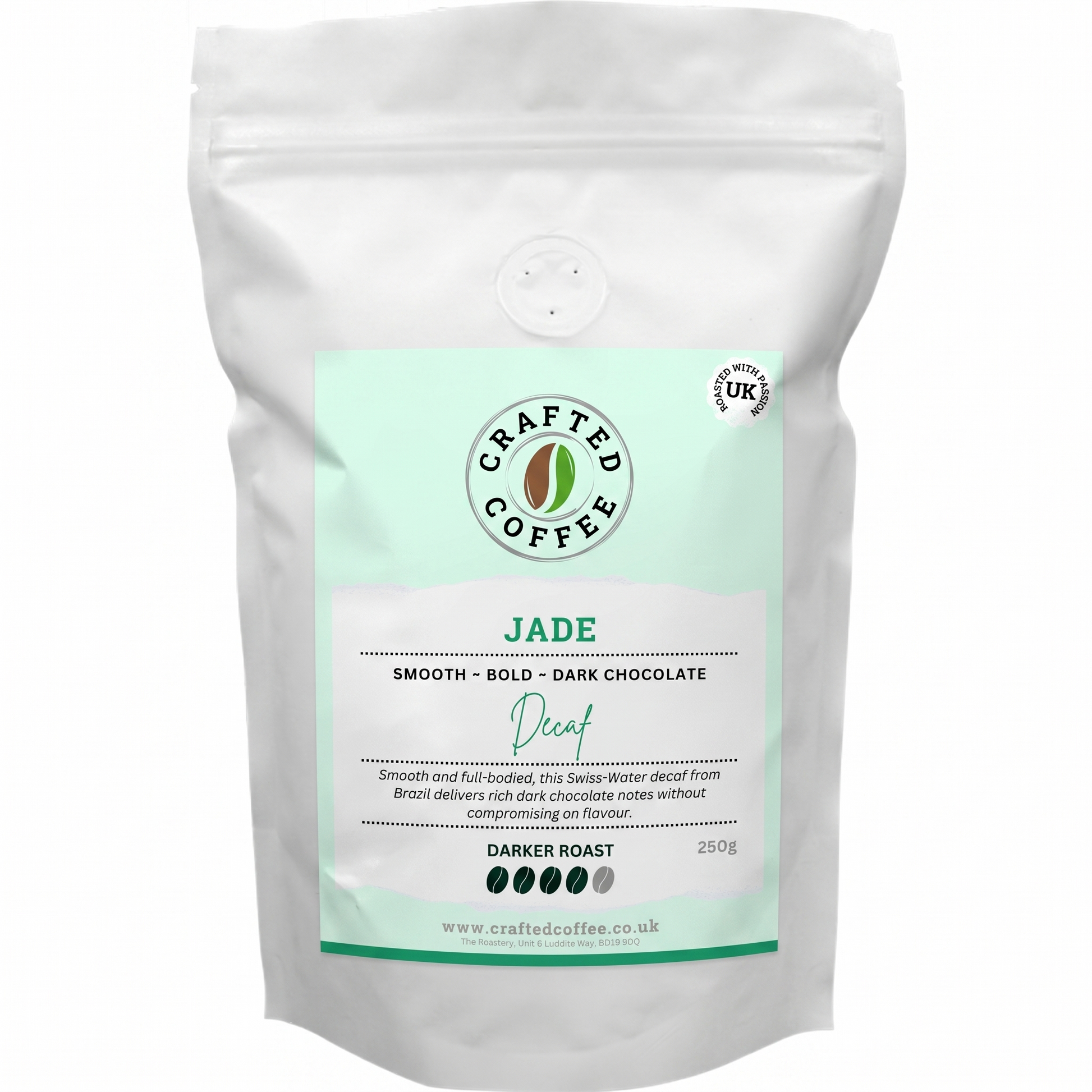 Coffee package labeled 'Jade' by Crafted Coffee on a white background