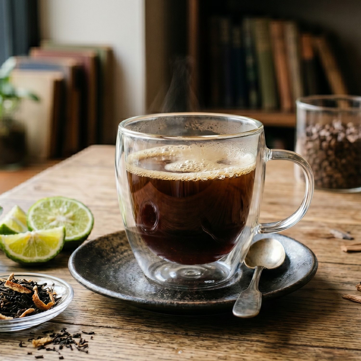 Clear glass mug with steaming coffee on a wooden table with lime slices and books in the background