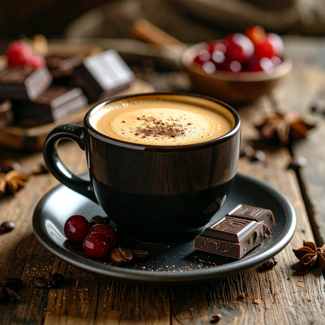 Black coffee cup with chocolate, vanilla and berries on a wooden table
