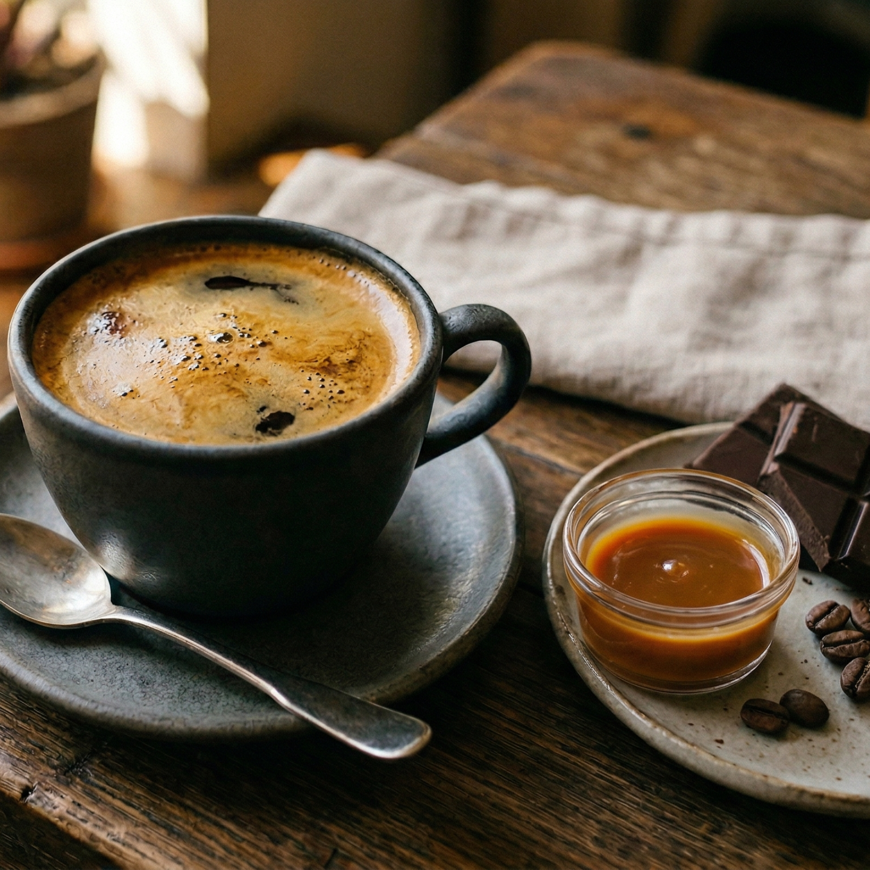 Cup of coffee with a side of caramel sauce and dark chocolate on a wooden table.